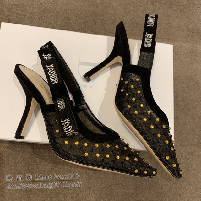 DIOR女鞋 迪奧2021專櫃新款J’ADIOR尖頭涼鞋 Dior網紗燙鑽路跟涼鞋  naq1525